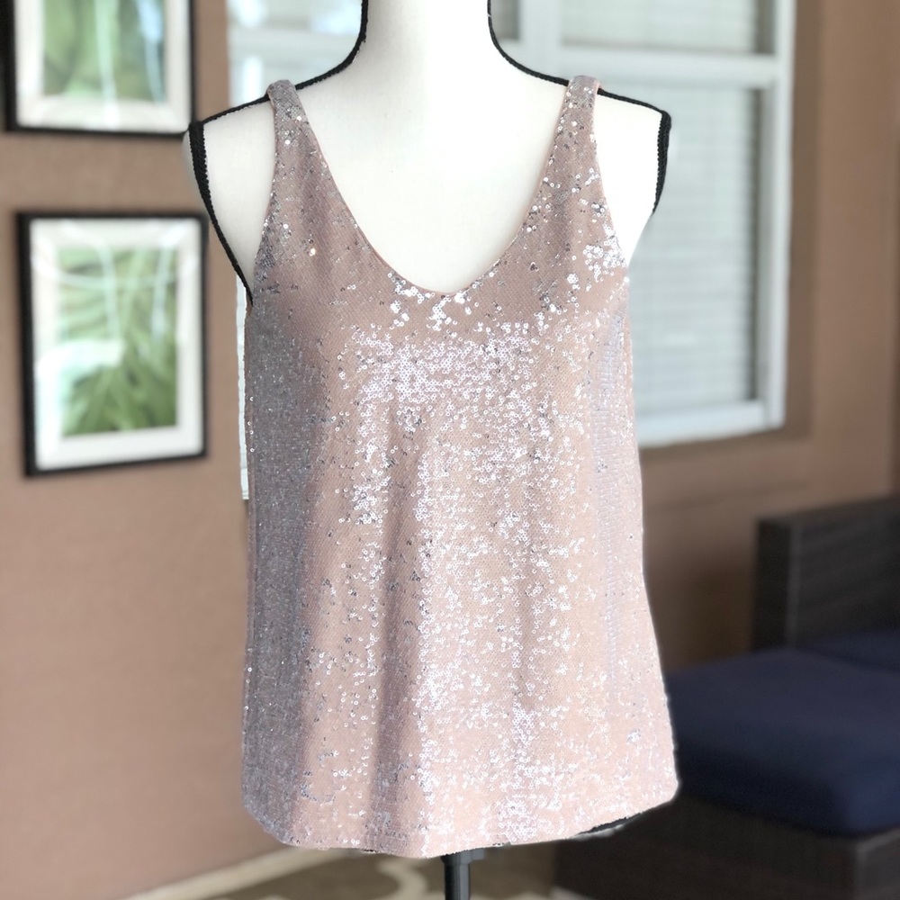 Beige sequined tank top plunge neckline